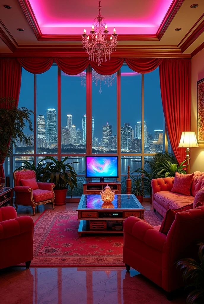 Make me a small living room in Miami with a television and appliances from the 80s, luxurious and extravagant 1980s style, give me details so I know we are in that era, it&#39;s in a mansion, give me the windows, it&#39;s nighttime