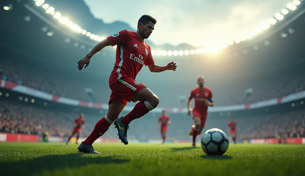 /imagine prompt: Realistic, intense sequence of soccer matches in grand stadiums filled with roaring crowds. A young adult player, around 20 years old, is seen dribbling, tackling, and scoring under different weather conditions—sunshine, rain, and night lights. In one scene, he falls to the ground during a training session at sunset, clutching his ankle in pain, surrounded by rugged mountains. The atmosphere is both victorious and isolating as the player lifts trophies and stares into the distance: Unreal Engine, hyper-realistic —ar 16:9