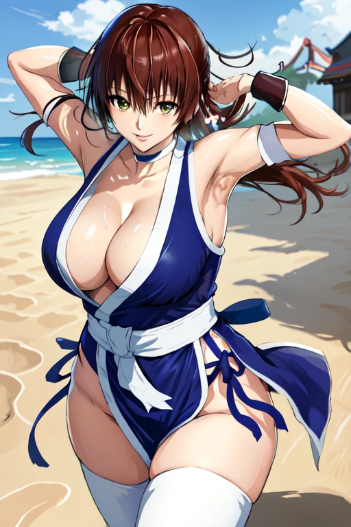 masterpiece, best quality, beautiful art, high resolution, well formed hands, body and fingers, 1 woman, solo,  Ryouko Mikado, 31 years old, hair ornament,  adult, grown up, big breasted, cleavage,  full body, braided long hair, blue_japanese_clothes, wearing DOA Kasumi's blue kunoichi dress, sexy and skimpy japanese clothes, kimono peek, sleeveless, panties peek, white stockings, gorgeous legs and thighs,fighting in a combat match, showing her fighting skills, making her guard, about to hit the viewer, looking at the viewer, close up on her bouncing breasts, sweating, bouncing breasts, smiling joyfully and brightly, seductive face, being confident and proud, action and fighting scene, martial arts tournament on the beach fighting in a combat match, showing her fighting skills, making her guard, about to hit the viewer, looking at the viewer, cowboy shot on her bouncing breasts, sweating, bouncing breasts, smiling joyfully and brightly, seductive face, being confident and proud, action and fighting scene, martial arts tournament on the beach  