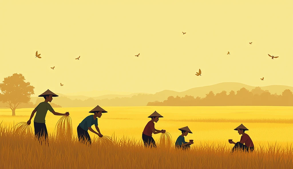 Vietnamese, morning, golden rice fields, a group of people harvesting rice, a group of people sitting resting and drinking tea in the style of minimalist cartooning, cartoonish character design, hieratic visionary, figura serpentinata, bioluminescence, bill watterson