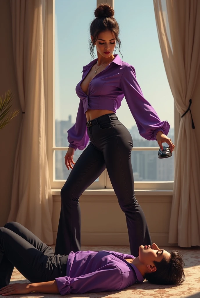 Iranian Mistress,white skin, brown bun hairs, wearing purple boot-cut pants, wearing purpleblouse, wearing black home sandals, trampling man's face, man's face trampled by mistress shoe, mistress puts her shoe on man's face, man's face trampled by mistress shoe, man lying down under mistress, surrendering against mistress, mistress victory posing on man, femdom, penthouse floor