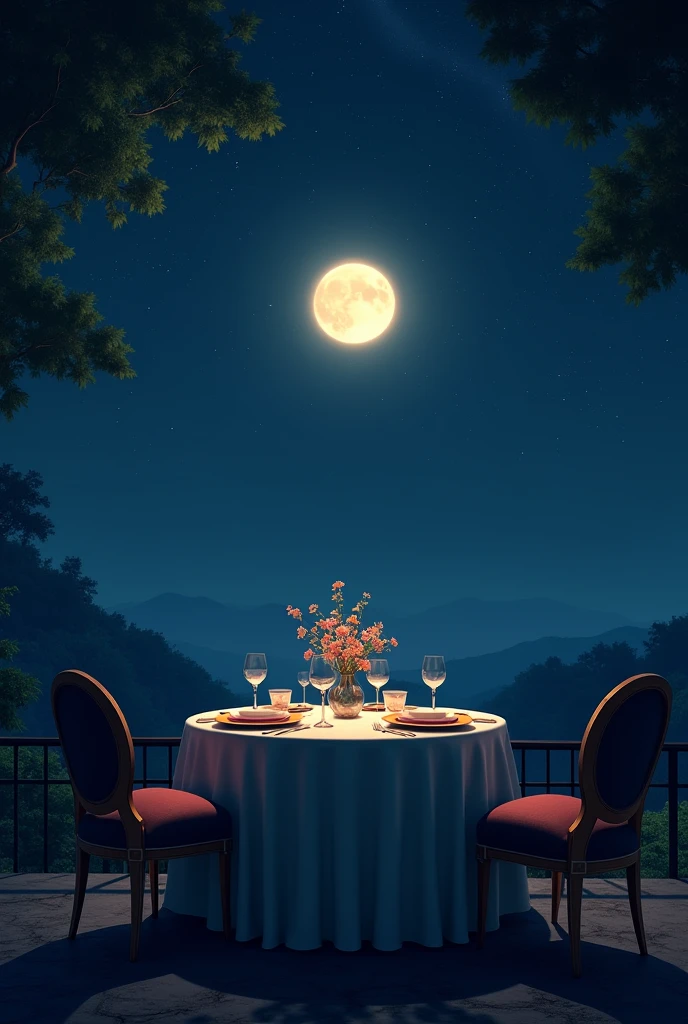 A horizontal picture with adinner table and 2 hairs in front with flower vase on top of it. The day is night with the full moon.