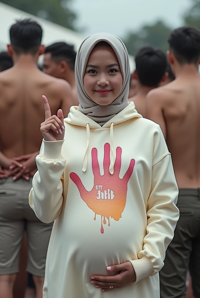 A pregnant hijaber indonesian pretty girl, wearing a hoodie with a strong vector design featuring a silhouetted image of a five-fingered palm in pastel colour. The indonesian phrase "JANGAN YA DEK JANGAN" is displayed in bold simple elegand, distressed typography with pastel colours, while holding her long skirt, one-handed pose pointing upwards, in a public place, covered by many naked couples kissing, making love, jav idol, with front shooting angle, very realistic, (complex detail: 0.9), (hdr, hyperdetail: 1.2), RAW, Sony Alpha a9 II, 24-105mm f/4, HDR,