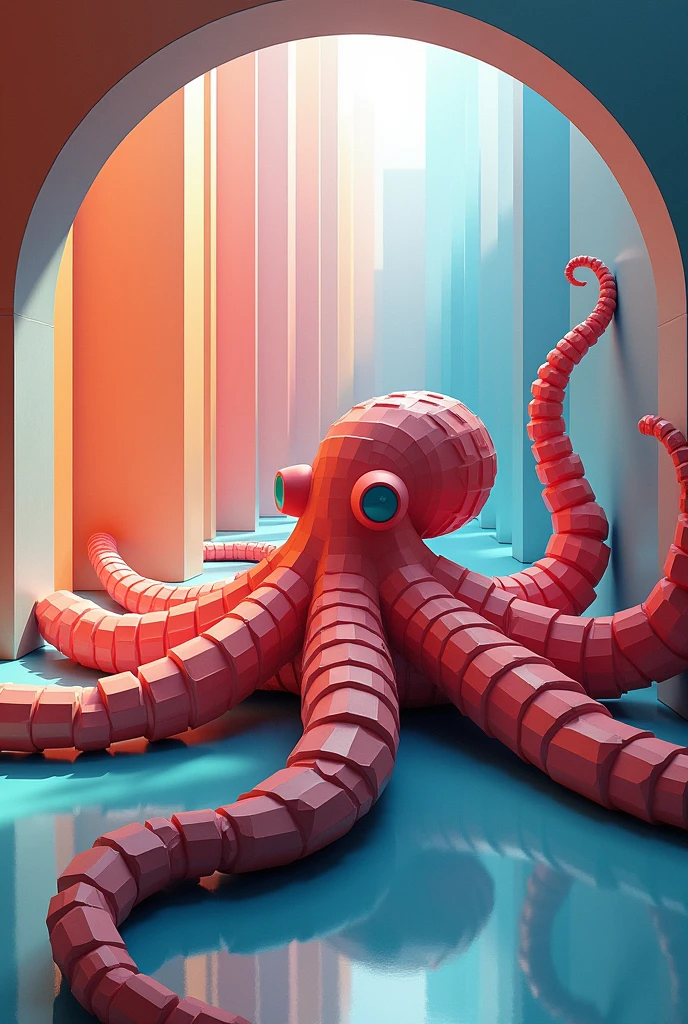 A large number of geometric colored blocks form a simple large octopus,Lying position,Abstract modeling,Walking in a circular hall,Light effects,Premium color matching,Tyndall effect,Near big far small