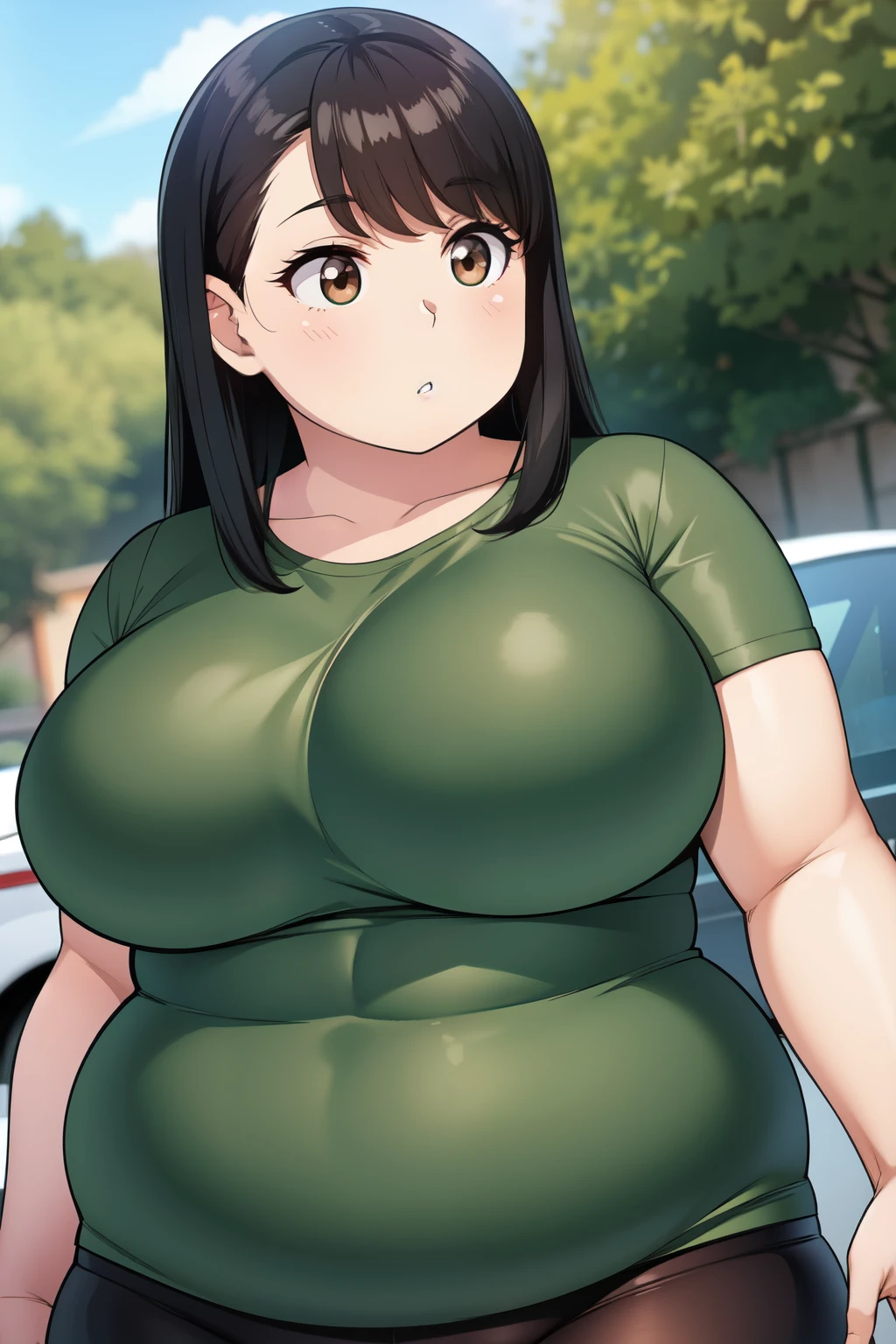 Plump year 21 big breasts black hair brown eyes chubby longer hair big breast green shirt