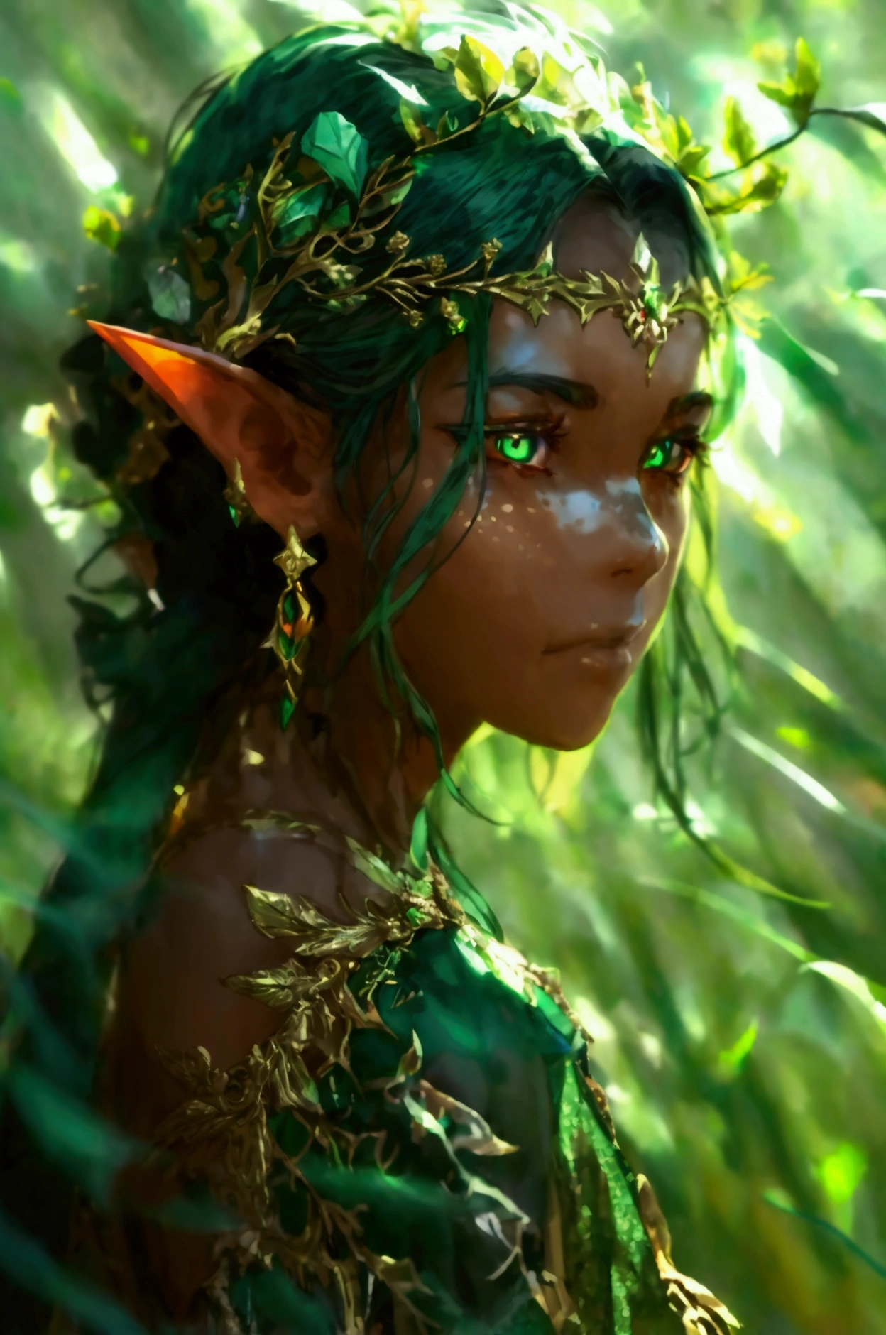 prismatic coloration, holographic environment, young girl, black skin, Beautiful, elven ears, Serious expression, ponytails, leaf green hair, Heterochromia with deep green & Gold eyes, C-cup, lithe, fit, Modest-attire, full-body, slender legs, beautiful eyes, freckles, leaf green eyebrows, Cute butt, (long straight prismatic Demon horns:1.2), wielding magic wand, Battle stance, grassy aura, mystic black-Green cloak with Golden Floral designs