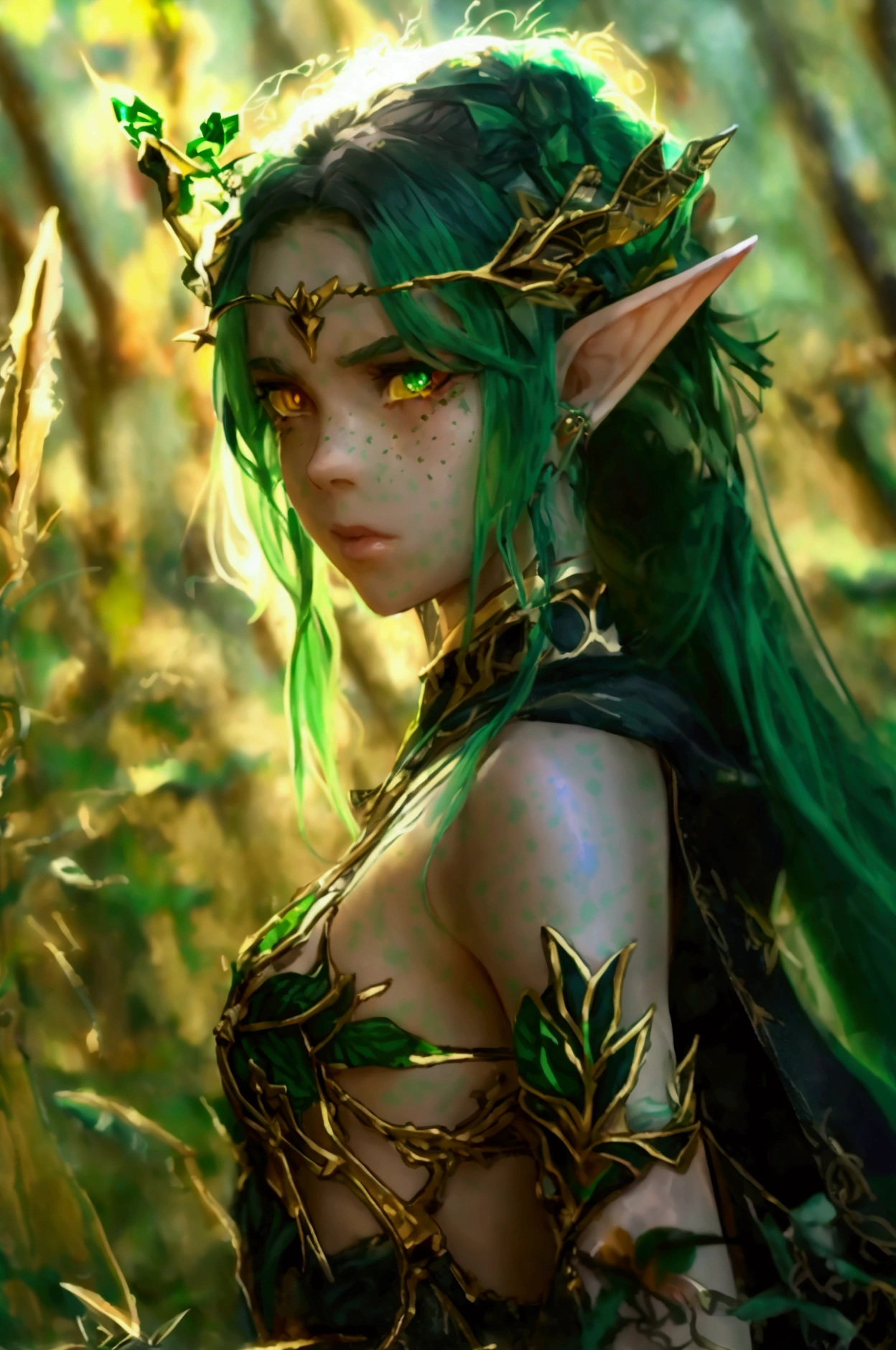 prismatic coloration, holographic environment, young girl, black skin, Beautiful, elven ears, Serious expression, ponytails, leaf green hair, Heterochromia with deep green & Gold eyes, C-cup, lithe, fit, Modest-attire, full-body, slender legs, beautiful eyes, freckles, leaf green eyebrows, Cute butt, (long straight prismatic Demon horns:1.2), wielding magic wand, Battle stance, grassy aura, mystic black-Green cloak with Golden Floral designs