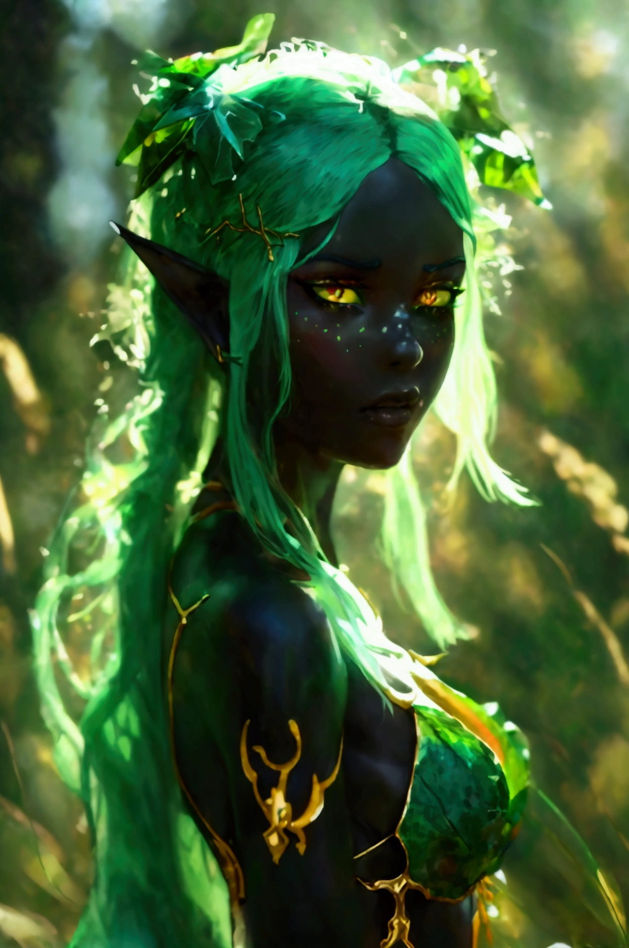 prismatic coloration, holographic environment, young girl, black skin, Beautiful, elven ears, Serious expression, ponytails, leaf green hair, Heterochromia with deep green & Gold eyes, C-cup, lithe, fit, Modest-attire, full-body, slender legs, beautiful eyes, freckles, leaf green eyebrows, Cute butt, (long straight prismatic Demon horns:1.2), wielding magic wand, Battle stance, grassy aura, mystic black-Green cloak with Golden Floral designs