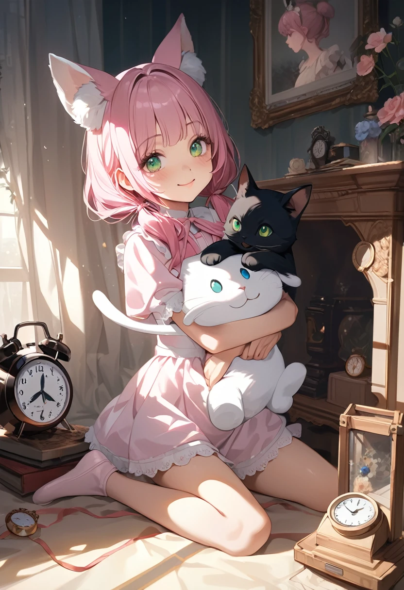 a white rabbit costume from Alice in Wonderland with Alarm Clock, (Cute a  and woman:1.5), (masterpiece:1.3), anime visual, (tilt head:1.3), extremely delicate face, realistic lighting and shading, (an extremely delicate and beautiful art:1.3), smiling, smiling, full body shot, fullbody shot, from front, a cute  has pink high-twintails, cat ears, heterochromatic eyes, with her right eye being a vivid pink and her left eye a bright blue, hugging a black cat,Height 120cm,wariza,a woman with pale purple low-twintails,green eyes, hugging a ,wariza,