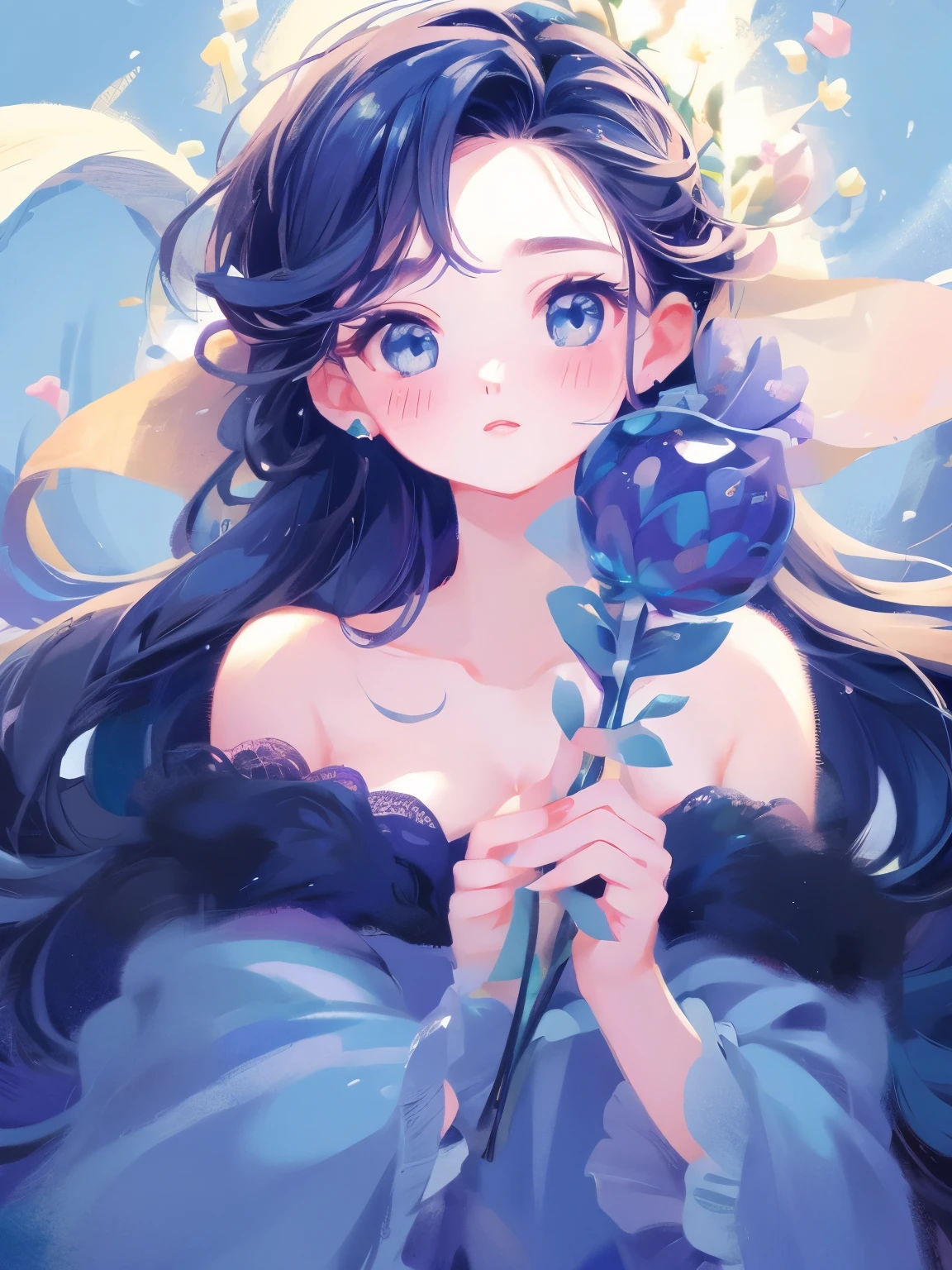 Highest quality、Very detailed、Beautiful girl、Beautiful cleavage、Hair with a blue and black gradient、Beautiful expression、cute、pop、colorful