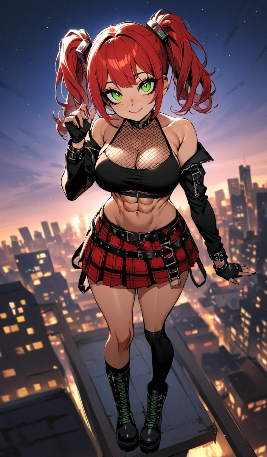 woman, smile, curly red hair in pig tails, green eyes, black eyeshadow, wearing crop top black shirt, long black jacket, red plaid skirt, black knee high boots, black fingerless gloves, exposed shoulders, large breasts, freckles, abs, cleavage, looking up at viewer, masterpiece, best quality, Holo-Punk Style, on a rootop, make up, eyelashes, fish net undershirt, fish net stockings, (full body)