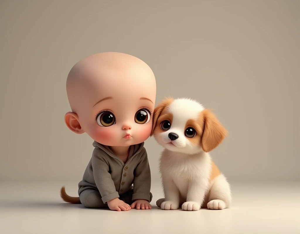 Very wide picture, full body, Very wide picture, full body, Cute 4-year-old bald boy pouting his lips with a puppy sitting next to him, realistic,16k, high detail, high resolution, professional, HDR, extreme detail