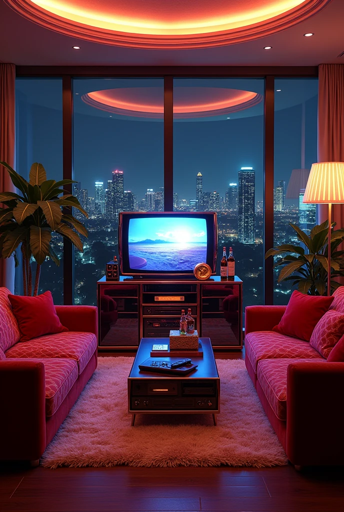 Make me a small living room in Miami with an old television and devices from the 80s, luxurious and extravagant 1980s style, give me details so I know we are in that era, it's in a mansion, give me the windows, it's nighttime