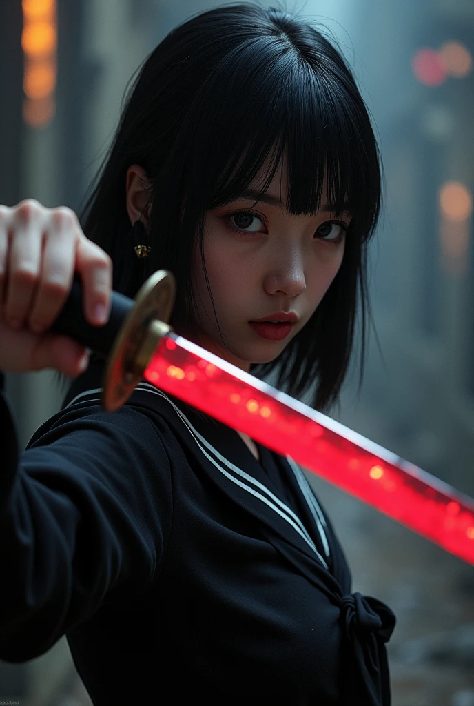 A beautiful girl in a black sailor suit holding a Japanese sword with a glowing red blade。Glossy black haircut。
