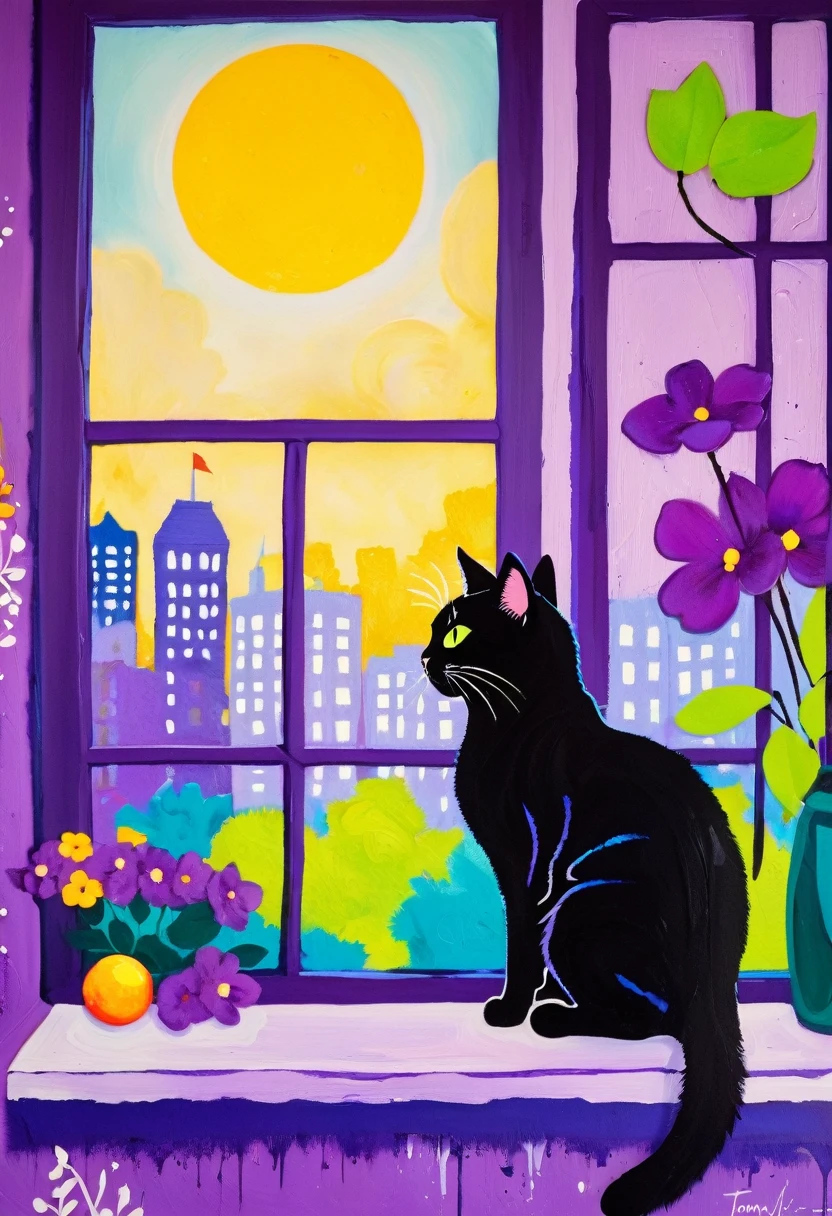 A painting:(((Colorful black,Chalk painting,Oil stick painting,volu,Thick coating,Uneven texture,Plaster texture,Graffiti)))。Colorful black,A cat on the windowsill, Bright colors cat, Purple and, cute, Bright colors,cute, Lavender Color and Color Schemes, and Purple color scheme, Beautiful Art, Purple, Whimsical Art, and Purple, lime and violet, Close together,, spring, Inspired by Tomokazu Matsuyama, Delightful