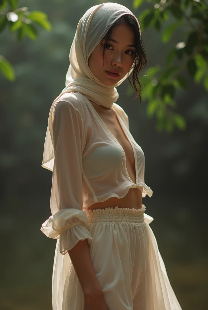 Malay Muslim women，Thin headscarf，See-through shirt，Short skirt fluttering，No buttons，photograph，reality，beauty，Looking at the camera，front，Sexy，Criester whole body，See the legs，8k，Thin shirt,Positive sister，Unbutton，Chest，，Small leak，Cute face，wet