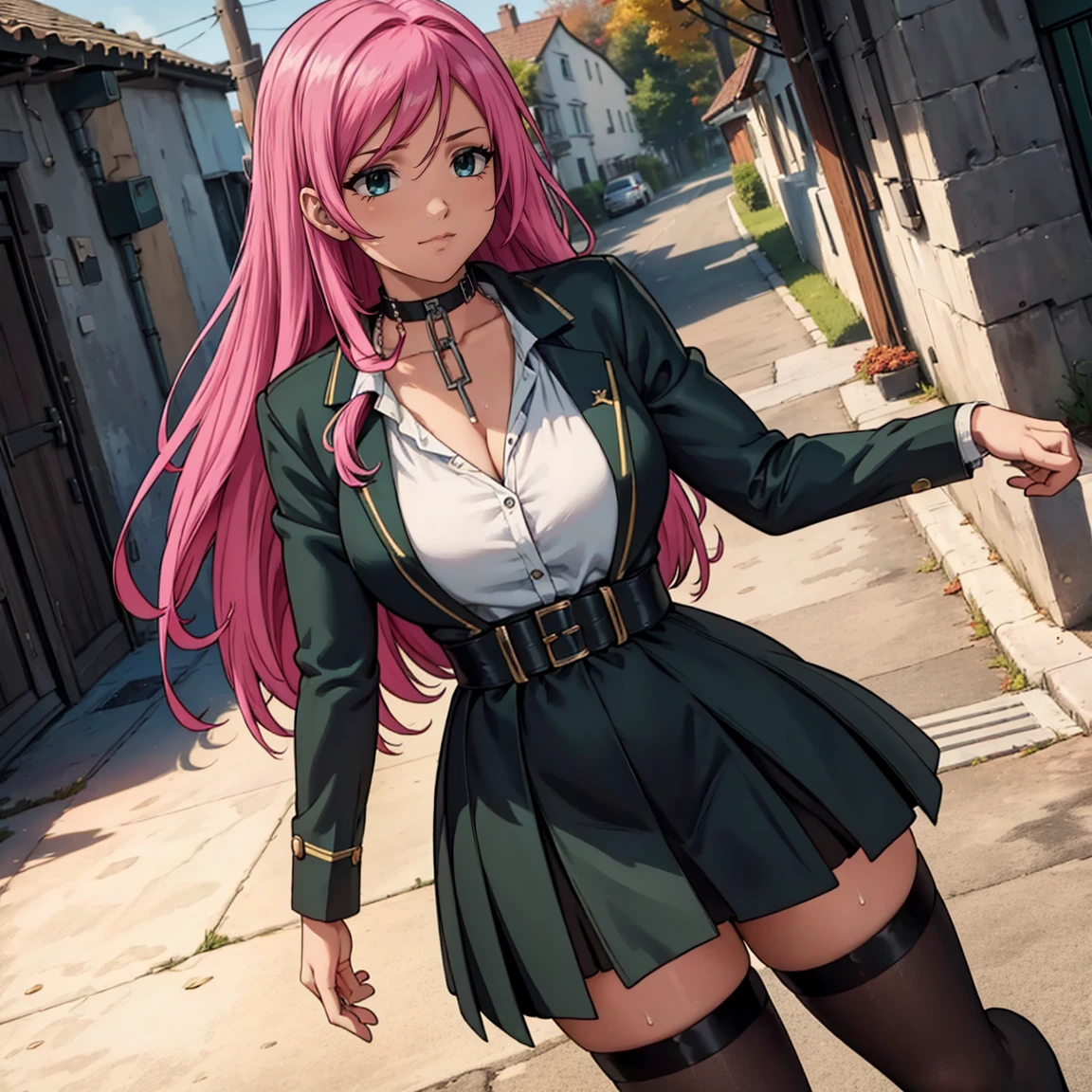 Masterpiece, beautiful art, 8k, art style by sciamano240, very detailed face, detailed hair, detailed clothes, detailed fabric, 1girl, beautiful face, long hair, pink hair , model head shot, facing camera, very detailed green eyes, sultry smile, wearing classy fall clothes, black dior thigh boots, black pencil skirt, walking , out shopping, necklace, chocker, rosey cheeks, sunny fall setting, full body view, photorealistic, indirect lighting, volumetric light, ray tracing, hyper-detailed, best quality, ultra-high resolution, HDR, (8k, Best Quality, Masterpiece:1.2), Ultra Detail, RAW Photo, Super Resolution, Professional Photo, Extremely Detailed and Beautiful, lot of drool, sweat, belly inflation