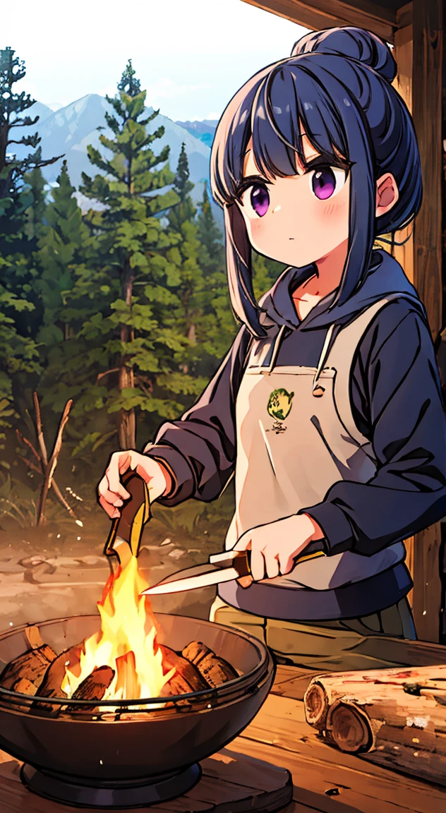 Holds a small machete,Shima Rin,Chopping firewood,camp site,Outdoor style,