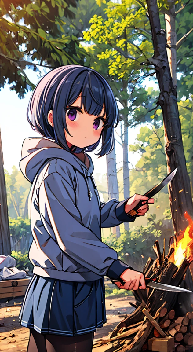 Holds a small machete,Shima Rin,Chopping firewood,camp site,Outdoor style,