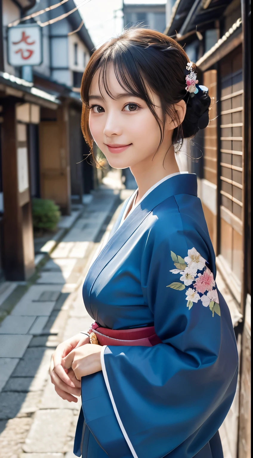 Professional Lighting,(Photorealistic:1.4), (Top image quality:1.0), (超High resolution:1.0), 8k, Raw photography, (masterpiece:0.2), (Facing the children_v1:0.5)、(最高quality Detail:1.2)、Realistic、8k UHD、High resolution、(1 person:1.2)、超detailedな、High quality textures、複雑なdetailed、detailed、Very detailed CG、High quality shadows、detailed 美しく繊細な顔、Beautiful details and a delicate eye、(Symmetrical eyes:1.2),Written boundary depth、Ray Tracing,1 person, Japanese, (Natural smile:1.4),cute, thin, Portrait of a beautiful Japanese woman in a kimono, Standing elegantly on a street corner in Kyoto. Kimono with vibrant traditional patterns, Hair decorated with elegant and delicate hairpins, Gentle expression. (With the old streets of Kyoto in the background:1.4)、The soft light of a spring afternoon、Adding tranquility to the scene. Rendered in a Realistic style with great attention to detail, High resolutionの画像.Sky Porn, Magic Hour, (Realistic:1.3), finely, quality, (Tabletop:1.2), (Realistic:1.2), (最高quality), (複雑なdetailed), dramatic, Ray Tracing, photograph, +roller