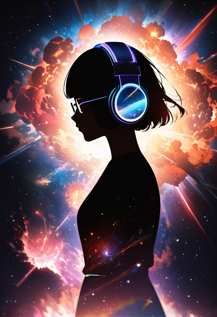 Profile of a woman silhouette.(Super Short Hair:1.3), Blunt bangs, (((Under-rim glasses:1.3))), (Headphones:1.3), Inside the silhouette you can see the Double exposure with a universe, Deep Universe, Supernova explosion, masterpiece, ((Double exposure)), Proportion.,Double exposure