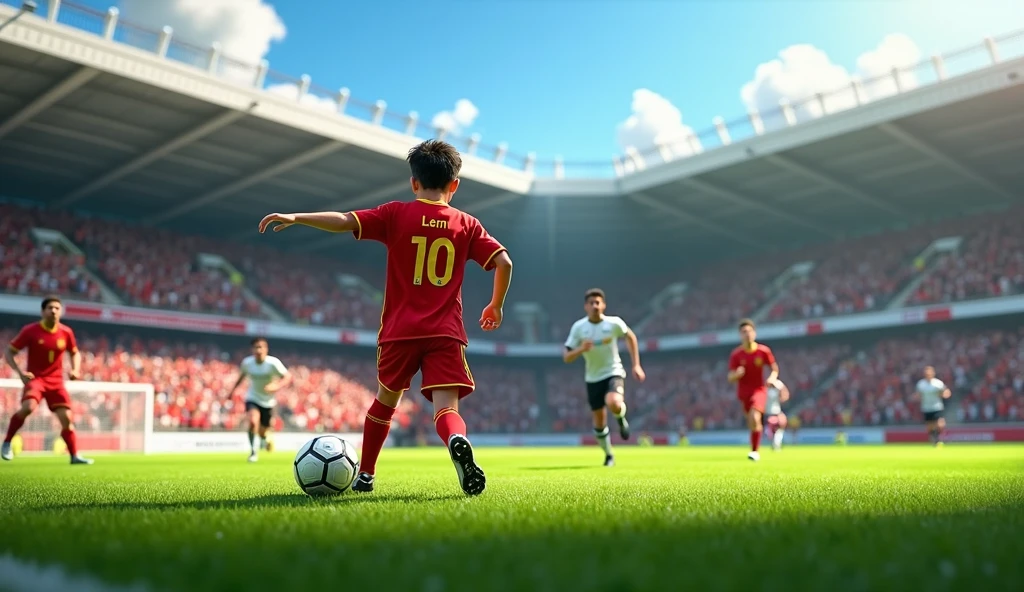 /imagine prompt: Realistic, bright and clear day at a well-maintained green soccer field, surrounded by cheering fans in a small stadium. A 15-year-old boy, wearing a red jersey with the number 10, con scritto sopra al numero 10 il nome: Leon, dribbles past defenders with impressive skill and scores a spectacular goal. His teammates lift him in celebration, but his eyes reveal a hint of melancholy amidst the joy. The crowd’s excitement contrasts with the boy's introspective moment: Unreal Engine, hyper-realistic —ar 16:9