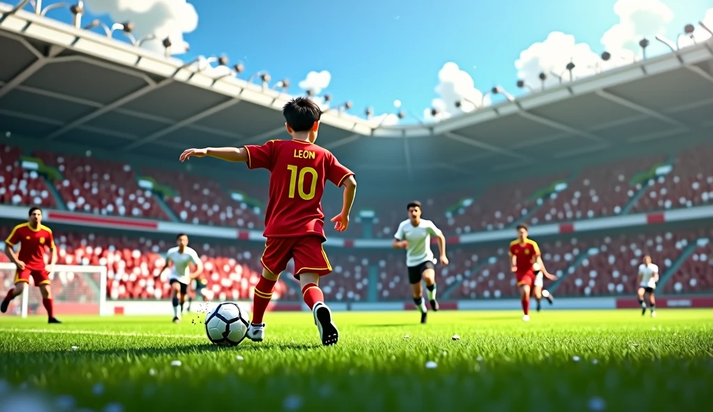 /imagine prompt: Realistic, bright and clear day at a well-maintained green soccer field, surrounded by cheering fans in a small stadium. A 15-year-old boy, wearing a red jersey with the number 10, con scritto sopra al numero 10 il nome: Leon, dribbles past defenders with impressive skill and scores a spectacular goal. His teammates lift him in celebration, but his eyes reveal a hint of melancholy amidst the joy. The crowd’s excitement contrasts with the boy's introspective moment: Unreal Engine, hyper-realistic —ar 16:9