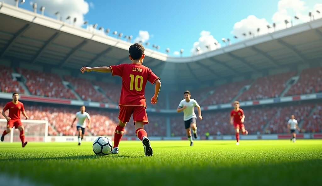 /imagine prompt: Realistic, bright and clear day at a well-maintained green soccer field, surrounded by cheering fans in a small stadium. A 15-year-old boy, wearing a red jersey with the number 10, con scritto sopra al numero 10 il nome: Leon, dribbles past defenders with impressive skill and scores a spectacular goal. His teammates lift him in celebration, but his eyes reveal a hint of melancholy amidst the joy. The crowd’s excitement contrasts with the boy's introspective moment: Unreal Engine, hyper-realistic —ar 16:9