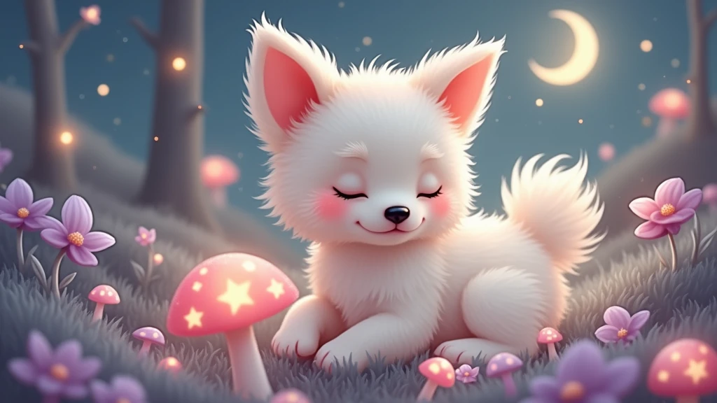 "Create a whimsical and adorable scene featuring a sleeping Pomeranian puppy in a magical nighttime meadow. The puppy should be:
- Fluffy and white with cream-colored highlights, softly illuminated by moonlight
- Curled up in a sleeping position, eyes gently closed
- Soft, fuzzy fur with visible individual strands
- Pink blush on cheeks and inside ears
- Small black nose
- Paws tucked under its body
Surrounding the puppy:
- Dark green grass with a slight blue tint, individual blades visible
- Delicate purple and pink wildflowers scattered around, some glowing softly
- Luminescent mushrooms providing additional soft light
Background:
- Deep blue night sky gradient
- A large, bright crescent moon
- Twinkling stars and constellations
- Fireflies or magical light orbs floating gently in the air
Lighting:
- Soft, cool moonlight as the main light source, creating a gentle glow around the puppy
- Warm, subtle lighting from the glowing flowers and mushrooms
- Gentle rim lighting on the puppy's fur to separate it from the background
Style:
- Highly detailed digital painting
- Cute and cartoonish, but with realistic textures
- Dreamy and ethereal nighttime atmosphere
Color palette:
- Whites and creams for the puppy, with slight blue tints from moonlight
- Deep blues and purples for the night sky
- Soft purples, pinks, and blues for the glowing flowers and mushrooms
- Silver highlights from moonlight
Mood: Peaceful, magical, and enchanting
Additional details:
- Dewdrops on grass and flower petals reflecting moonlight
- Subtle star reflections in the puppy's fur
- Fine details in the puppy's fur, especially around the face and ears
- Misty atmosphere to enhance the dreamy quality
Overall composition: Center the sleeping puppy as the main focus, with the magical nighttime meadow elements surrounding it to create a fairy-tale-like nocturnal scene