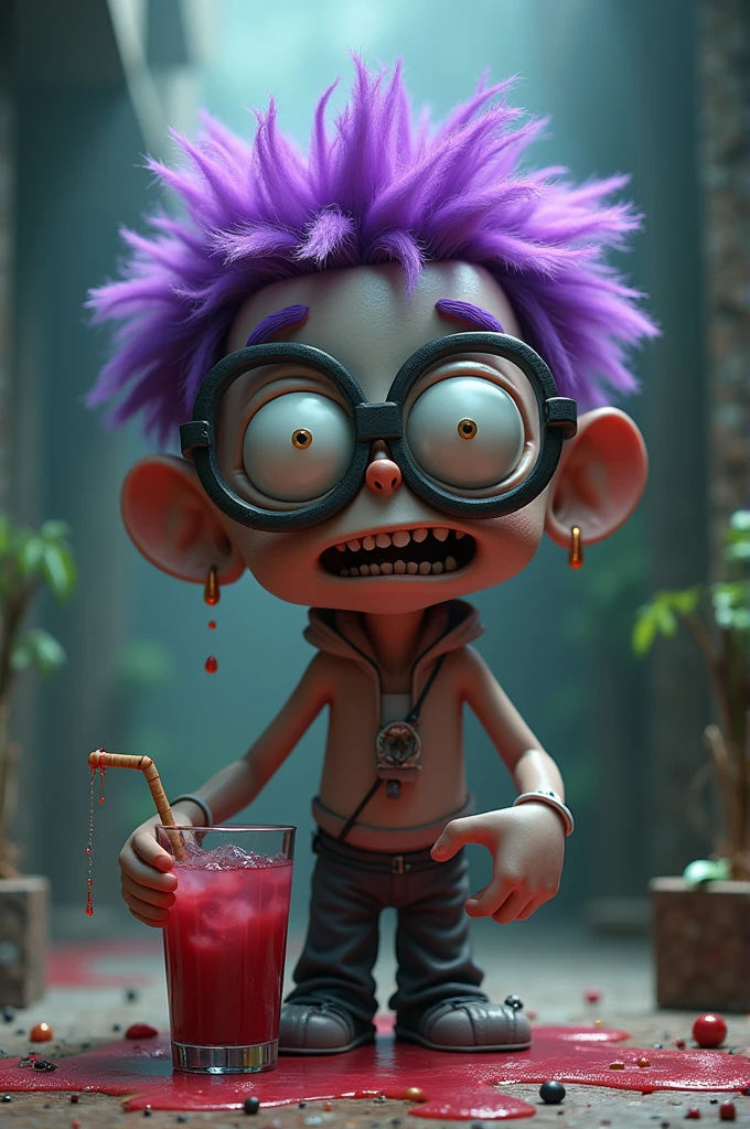 make an ugly and hideous Minecraft drink in animation with big purple hair and glasses