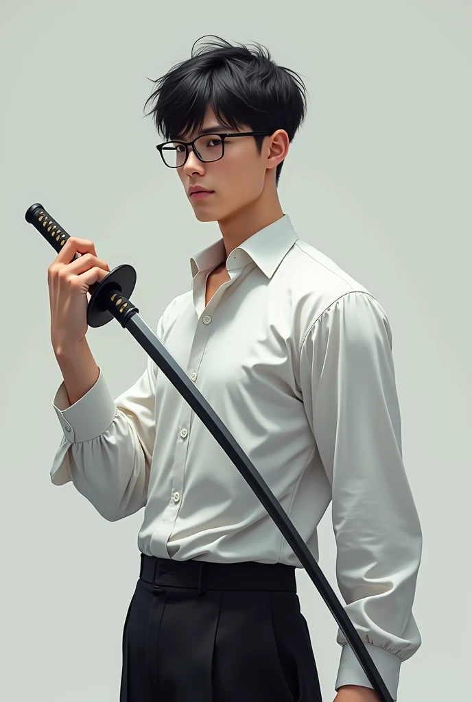 Tall lean man with glasses, young, short hair, modern formal shirt, katana, fullbody