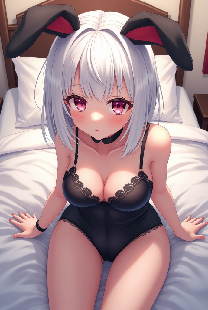 nsfw、White Hair Girl、Pink Eyes、Short Hair、Only one girl、Night、In the bedroom、Blushing、laughing、Excited、Just One、Sitting on the bed、Wearing only underwear、Sweating