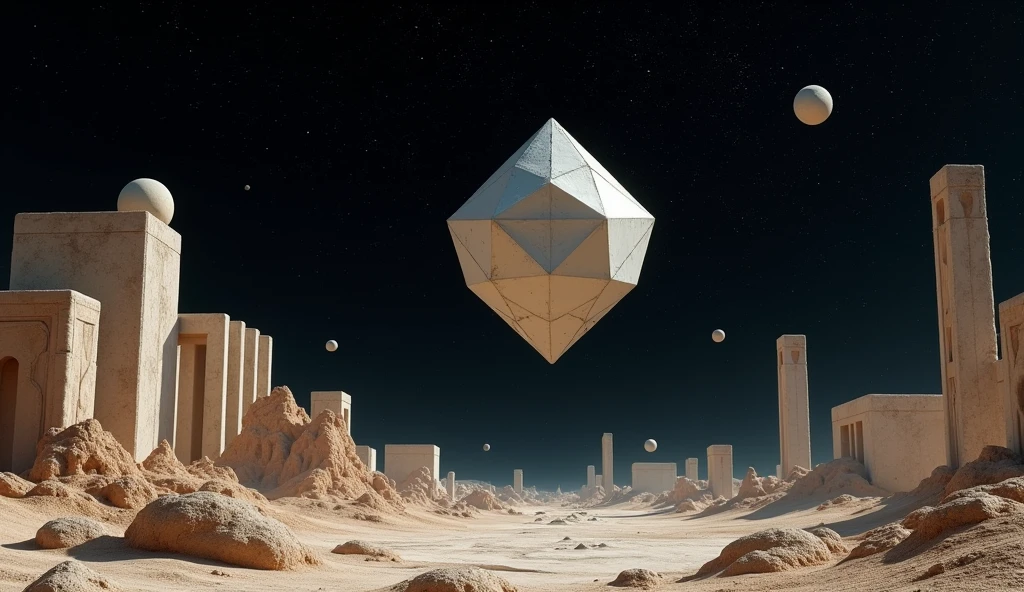 Floating geometrical shapes levitating above ground on an otherworldly alien landscape where ancient ruins crafted from intricate 3D geometrical shapes stand as silent sentinels of a long-forgotten civilization. It's night and the sky is pitch black full of sharp stars and planets. Realistic, hyperrealism, high resolution, extreme quality, volumetric lighting, extreme details, sharp details, photorealistic, 4k hdr
