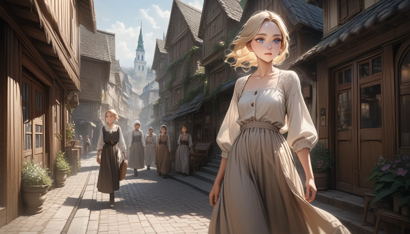 Highest quality, masterpiece, Realistic photos, Intricate details, RAW Photos, Super detailed, old fashioned young woman, Wearing a peasant dress, No neckline, Blonde, Perfect details and blue eyes, Walking around the old town, HD quality, 8k, young woman, 20-year-old