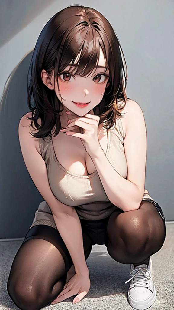 8k resolution,((Highest quality)), Ultra-high resolution,Adult women, alone, sexy, (A teasing smile), (Brown eyes), Beautiful and symmetrical face, (Brown cut medium hair),A loose long-hemmed sweater,decadent short shorts,stockings,sneakers,Realistic:1.4,Realistic:1.4,(masterpiece:1.2),Perfect Eyes,Perfect Eyes,Ample breasts,Provocative pose,Perfect Fingers
