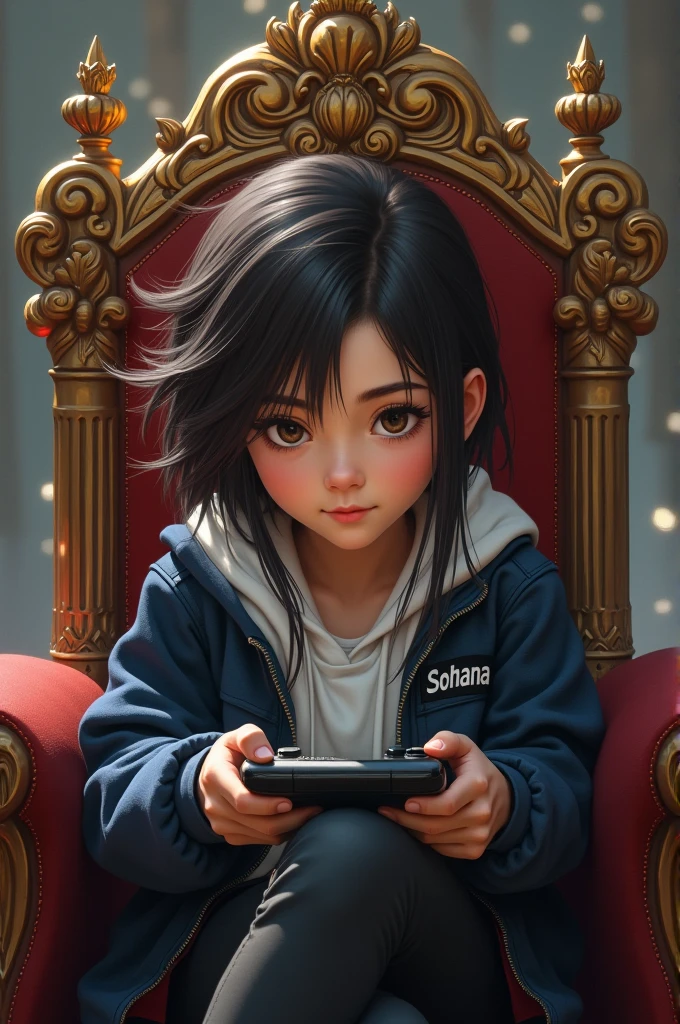 A girl play FF   she sitting king chair jacket that says ” SOHANA ” 
