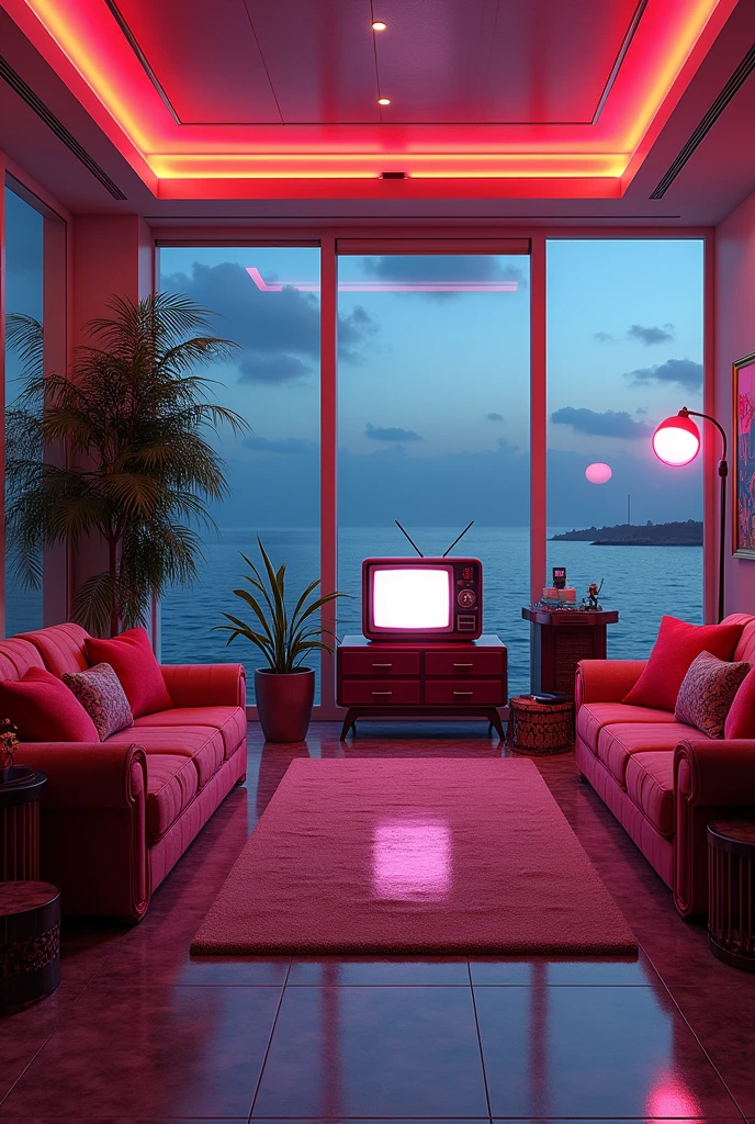 Make me a small room on the beach with an old television and gadgets from the 80s, luxurious and extravagant 1980s style, give me details so I know we are in that era, it's in a mansion, give me the windows, it's nighttime