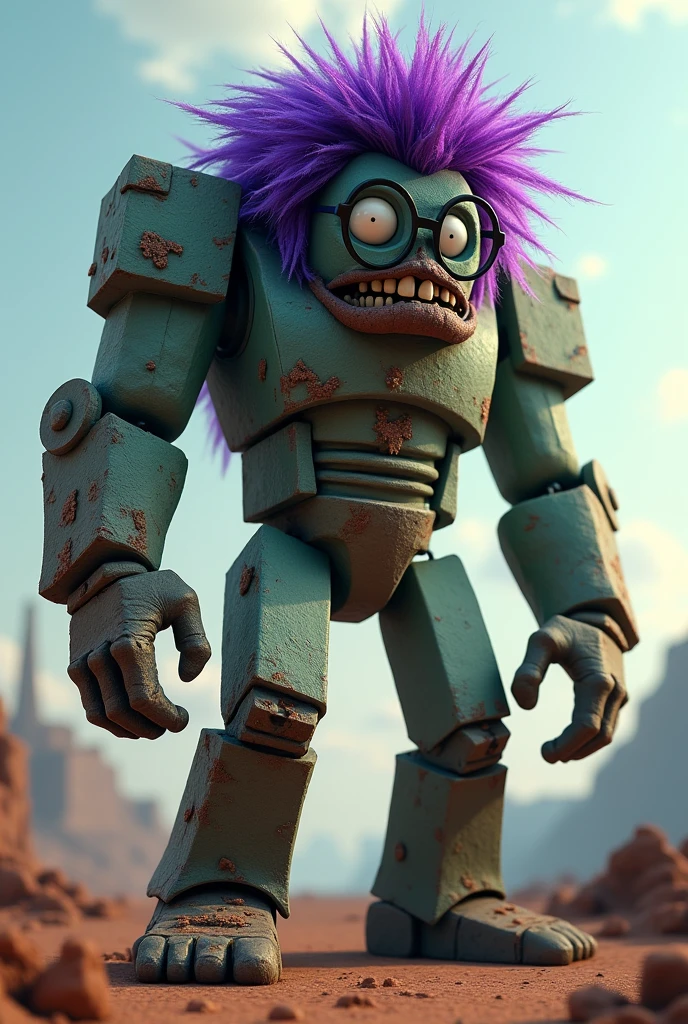 make an ugly and hideous Minecraft golem in animation with big purple hair and glasses it's a golem