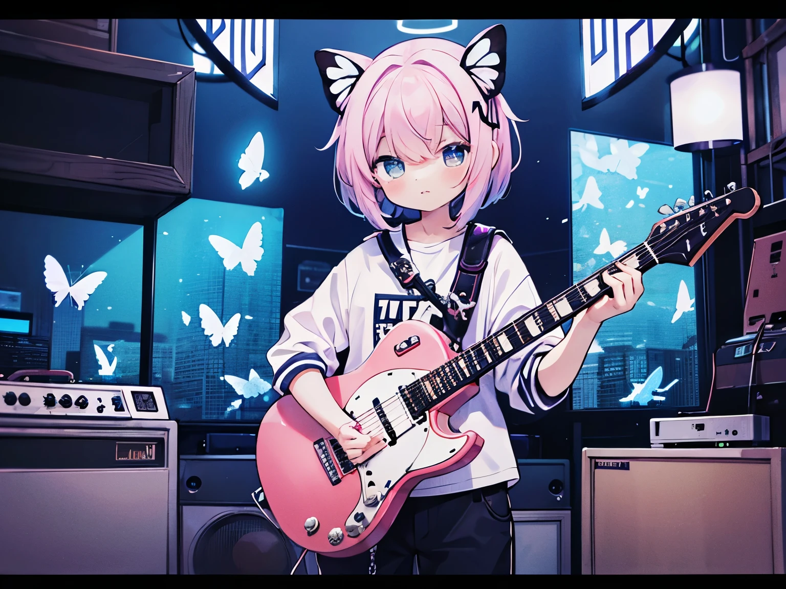 This is a music album cover，Screen Elements：Guitar，punk，Vaporwave，Butterfly。No characters！