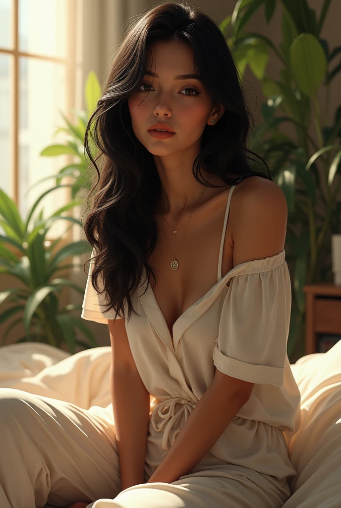 (photorealism:1.2), beautiful woman having straight black hair with brown skinny body , sitting on bed, wearing loose off-shoulder top, pajama pants, long curly hair, indoors, soft lighting, plants in background, window with sunlight, cozy room, relaxed pose, realistic, intricate details, warm colors, by Greg Rutkowski, by Alphonse Mucha