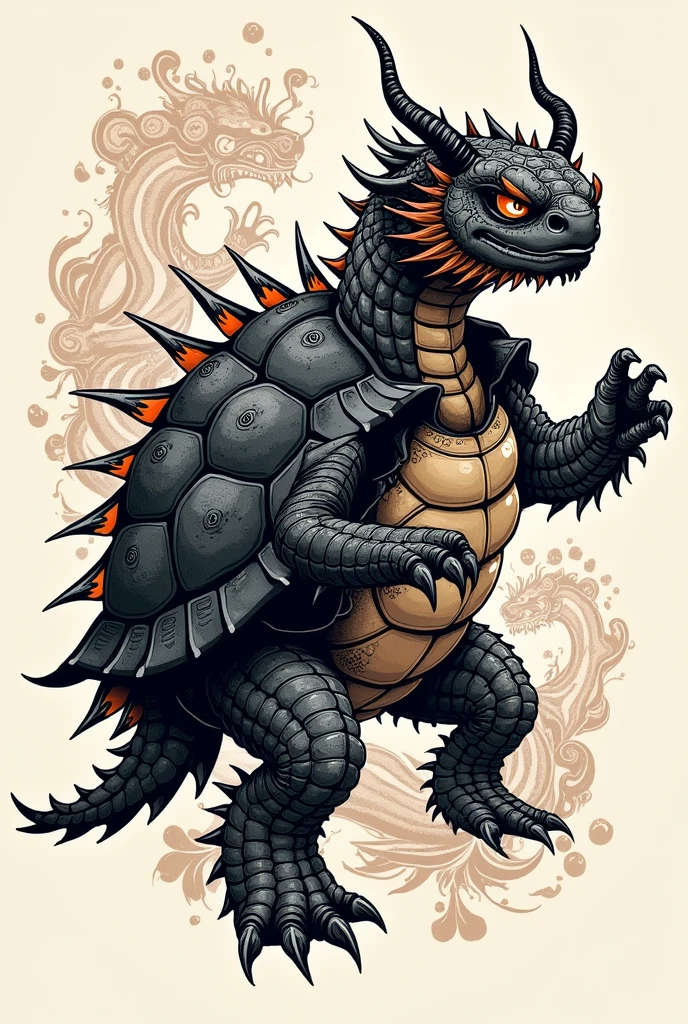 Chinese style tattoo of a dragonic black Tortoise with doodle artstyle while its beautiful shell is shown facing northeast then the head is looking at the front