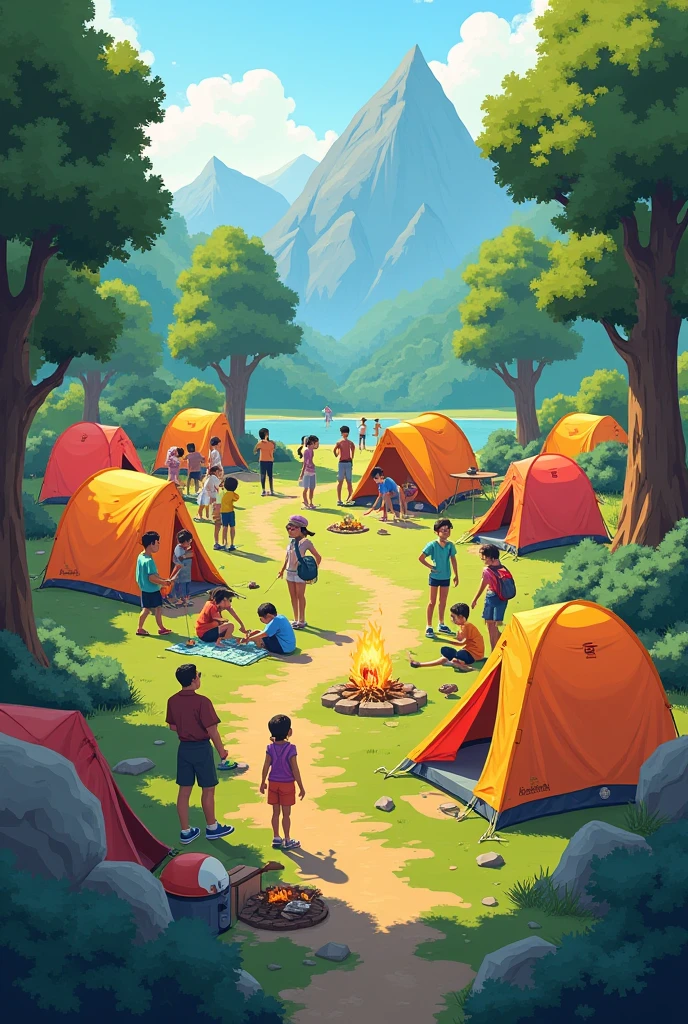 create a design that includes group camping activities with lots of tents