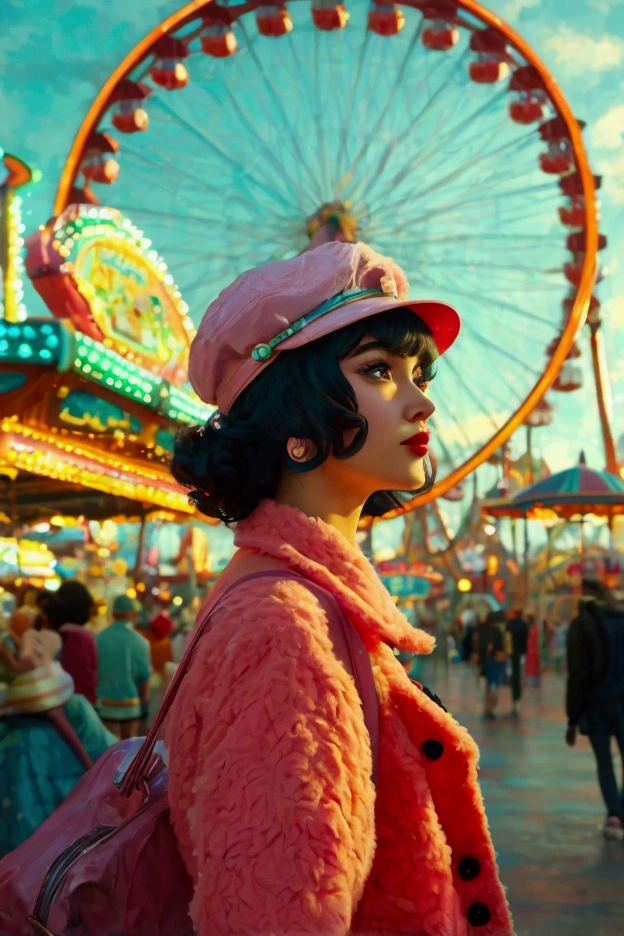 Portrait in a 1950s amusement park: A person in modern attire, in an amusement park decorated with rides and stalls from the 1950s, with neon lights, cotton candy, and a ferris wheel in the background. 8k, UHD