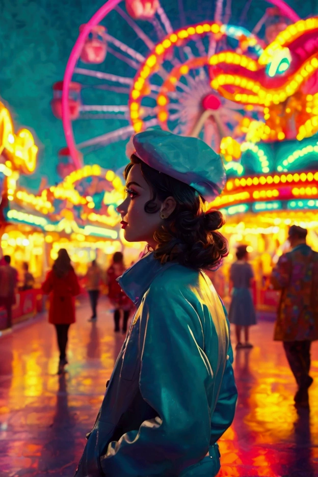 Portrait in a 1950s amusement park: A person in modern attire, in an amusement park decorated with rides and stalls from the 1950s, with neon lights, cotton candy, and a ferris wheel in the background. 8k, UHD