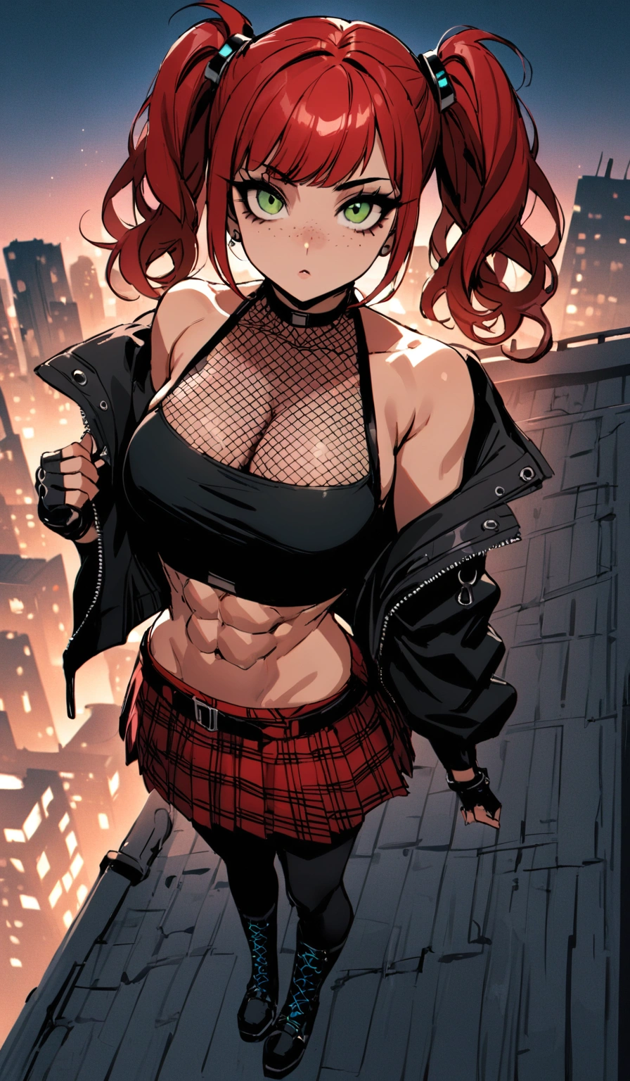 woman, stoic, curly red hair in pig tails, green eyes, black eyeshadow, wearing crop top black shirt, long black jacket, red plaid skirt, black knee high boots, black fingerless gloves, exposed shoulders, large breasts, freckles, abs, cleavage, looking up at viewer, masterpiece, best quality, Holo-Punk Style, on a rooftop, make up, eyelashes, fish net undershirt, fish net stockings, (full body)