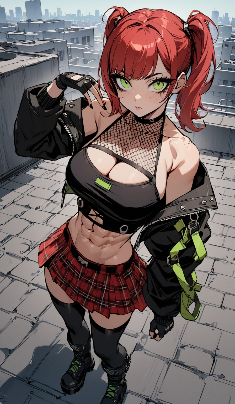 woman, stoic, curly red hair in pig tails, green eyes, black eyeshadow, wearing crop top black shirt, long black jacket, red plaid skirt, black knee high boots, black fingerless gloves, exposed shoulders, large breasts, freckles, abs, cleavage, looking up at viewer, masterpiece, best quality, Holo-Punk Style, on a rooftop, make up, eyelashes, fish net undershirt, fish net stockings, (full body)