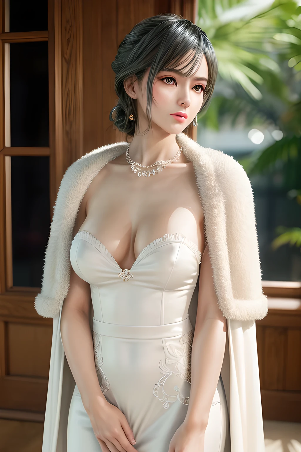 A lady with extraordinary temperament, she stands in a modern indoor space, as if she is a model from a fashion magazine. She is wearing a (pure white long fur cape), the softness and luster of which makes her look more noble under the light, and complements her (beige dress) underneath, showing her gentle temperament while maintaining a sense of fashion. The style of the dress is simple and generous, a perfect match, and it lengthens her figure, making her tall and charming. The lady's makeup is delicate and elegant, which just highlights her facial features and makes people unforgettable at first sight. Although the earrings and necklace she wears are not ostentatious, they add a bit of sophistication and nobility to her overall look. Her hair is casually draped over her shoulders, and every strand of hair exudes a natural luster,, (best quality,8k,highres,masterpiece:1.2),ultra-detailed,(realistic,photorealistic,photo-realistic:1.37),studio lighting,ultra-fine painting,sharp focus,physically-based rendering,extreme detail description,professional,vivid colors