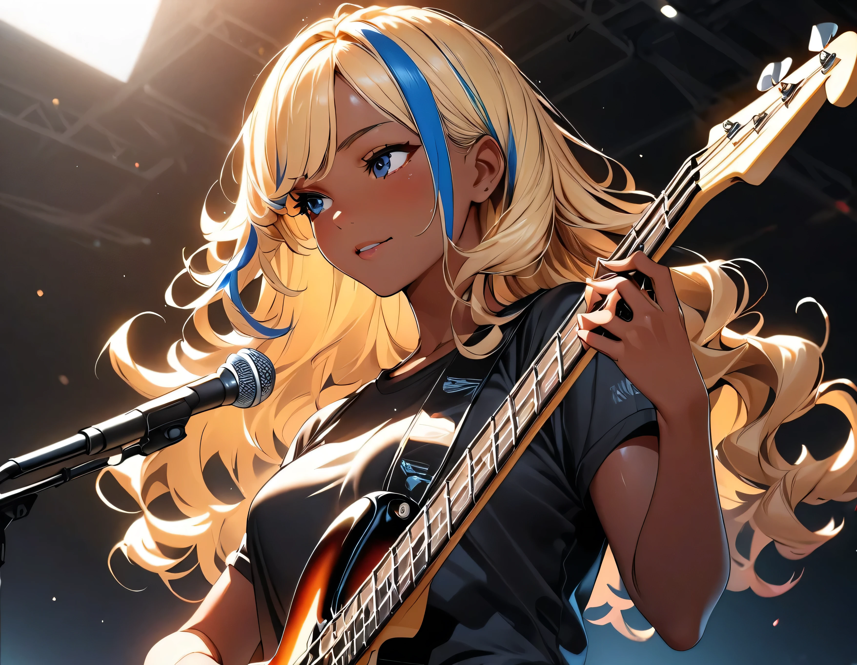 (highest quality:1.4, Very detailed, up to date, Vibrant, Ultra-high resolution, High Contrast, masterpiece:1.2, highest quality, Best aesthetics), Portraiture、girl、(25-years-old:1), slim, (black t-shirt), jeans, Bright colors、Beautiful fine details、Beautiful lip detail、extra short hair, ((wavy hair:1.3))、messy hair, blonde and blue ((streaked hair:1.5)), highlights hair: 1.3, medium breast, (tan skin:1.1), (Playing bass:1), electric bass, looking ahead, Rehearsing for a concert:1, on stage, (upper body),