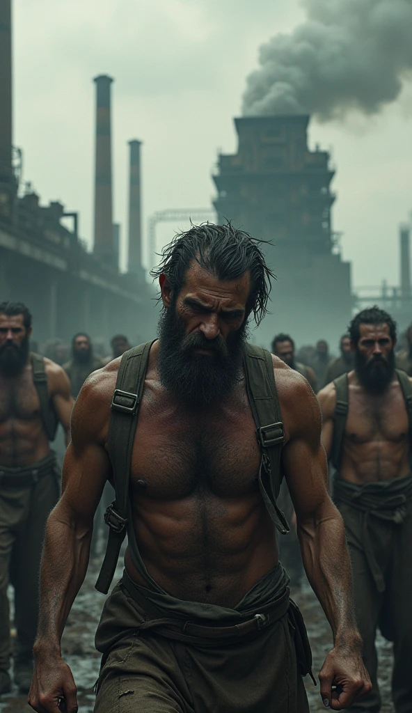 UHD, realistic, dark scene of workers toiling under harsh conditions, with visible signs of fatigue and despair.