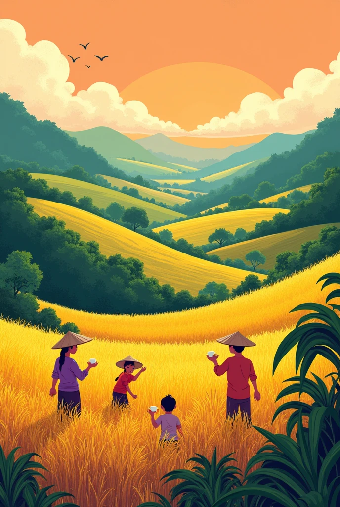 Vietnamese golden rice fields, a group of people harvesting rice, some people sitting resting and drinking tea minimalistic illustration, Meadows, in the style of cartoon-like characters, grainy, kidcore, violet and amber, piratepunk